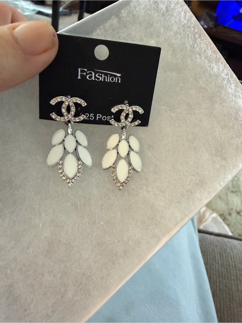 White Crystal Drop Post Earrings, silver tone, fashion jewelry - Picture 6 of 6